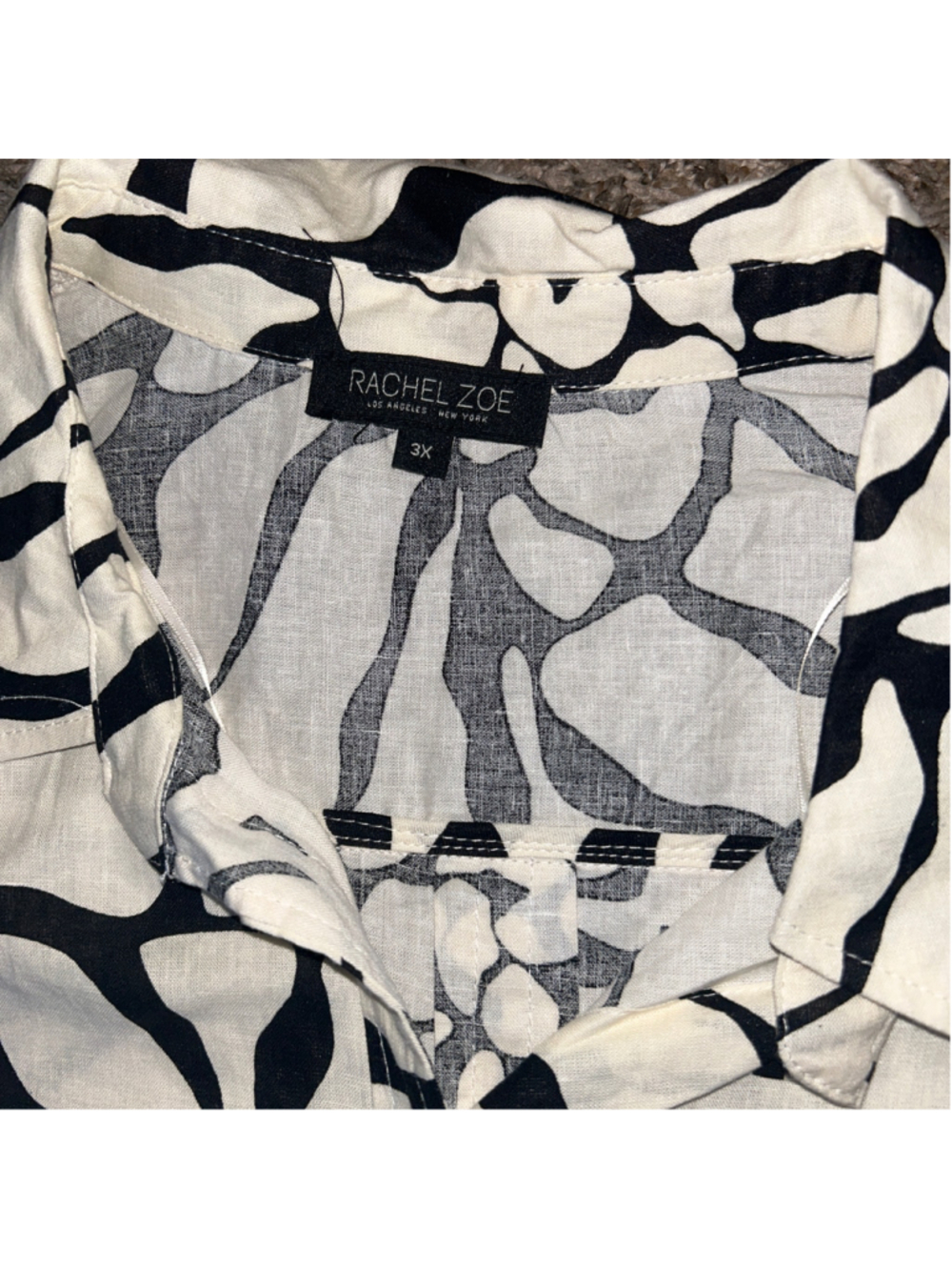 Women's Rachel Zoe Linen Blend Button Down Shirt 3X White Black Abstract Print - Picture 2 of 4